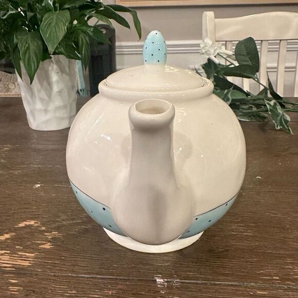 Rae Dunn Artisan Collection by Magena‎ Teapot Pastel Blue Black Polka Dots POUR - Picture 5 of 9